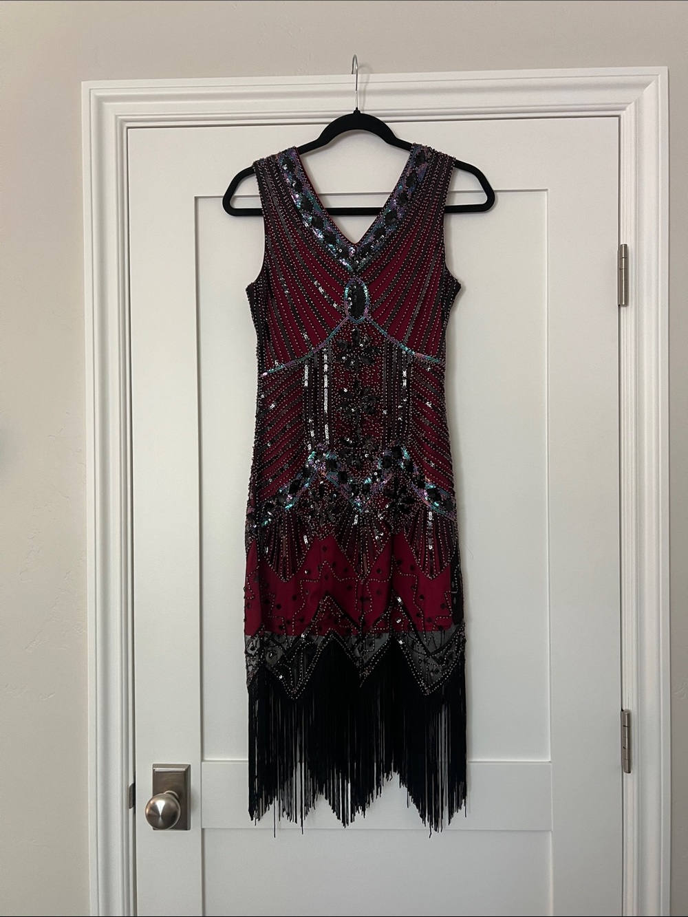 Wine Red Beaded Fringe Flapper Midi Dress